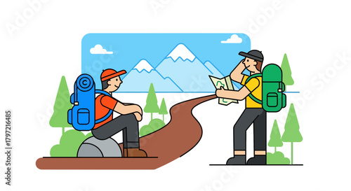 Two Hikers Explore Mountainous Terrain With Backpacks And A Navigation Map