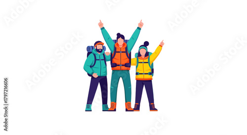 Triumphant Team Of Hikers Celebrating The Accomplishment Of Reaching The Summit Peak
