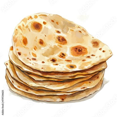 A beautiful painting of roti flatbread, Simple Illustration, watercolor style, minimal yet artistic elements for creative designs. EPS format, isolated on transparent background, hand-drawn paint