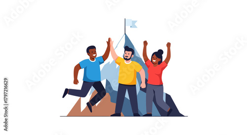 Triumphant Team Celebrating Victory After Successfully Reaching the Summit Together