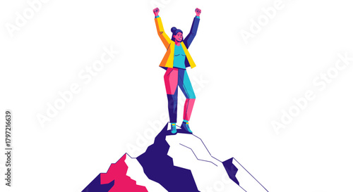Triumphant Woman Reaching Summit, Achieving Goals, Overcoming Obstacles, Colorful Illustration