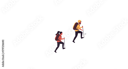 Two People Hiking Upward Against a Black Backdrop, Illustrating Adventure and Climbing