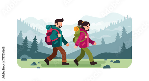 Two People Hiking Through a Green Hill, Ready To Discover a Mountainous Landscape
