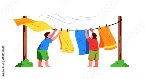 Two People Hanging Clothes Outside During The Day With Wind Blowing and Clothes Waving