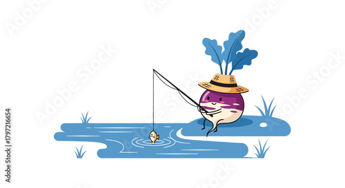 Turnip Angler: Cartoon Character Enjoys Fishing in Serene Pond Against Black Background