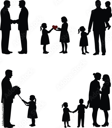 Family love and relationship silhouette illustration, parents with children bonding, emotional parenting moments, caring and togetherness vector art design