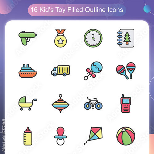 Kids Toye Filled Outline Style Set 2