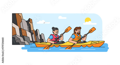 Two People Kayaking Near Rocky Coastline Under Sunny Sky Enjoying Vacation Adventure