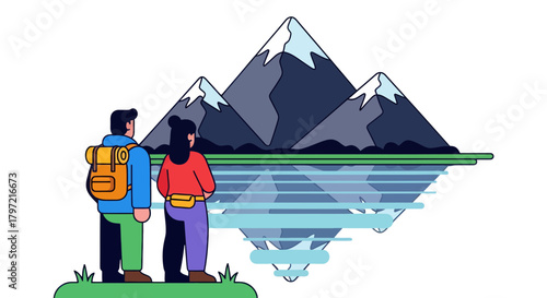 Two People Observe Mountain Landscape Reflected In Serene Water with Backs Turned to the Viewer