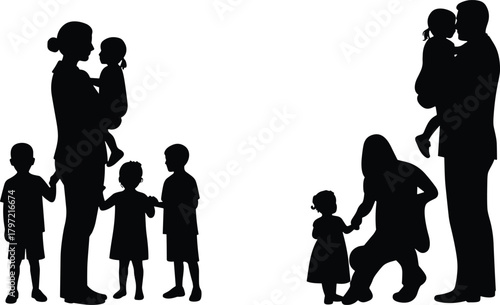 Happy family silhouette illustration with parents and children, caring mom and dad holding kids, love, parenting, and togetherness concept