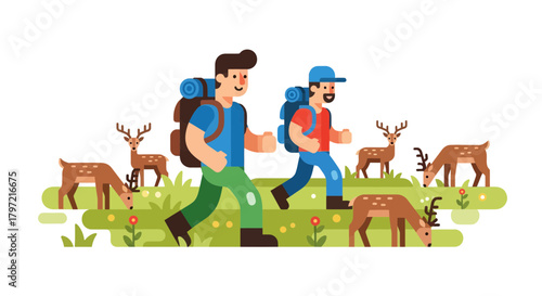 Two Adventurous Hikers Spotting Deer on Their Eco-Friendly Backpacking Expedition