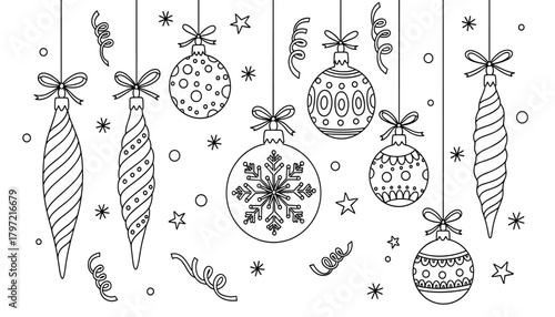 Hanging Christmas Ornaments Line Art: Black and White Holiday Decoration Set. 