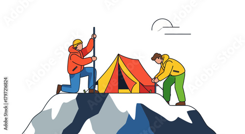Two Figures Erecting Tent On Mountain Summit Under Moonlight At Night For Adventure