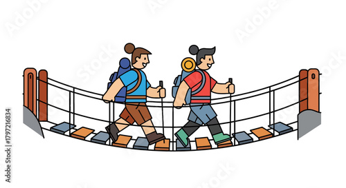 Two Figures Hiking Across A Bridge On An Expedition Ready For An Adventure
