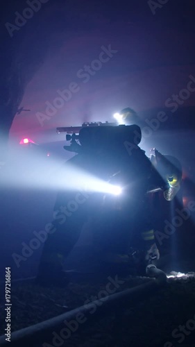 Rescue forces search for survivors inside a dark tunnel using flashlights