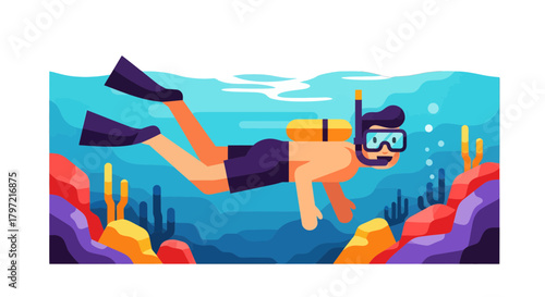 Underwater Diver Swimming Near Coral Reef With Snorkel Equipment