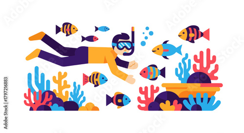 Underwater Exploration: A Colorful Illustration of a Diver and Marine Life Encounter
