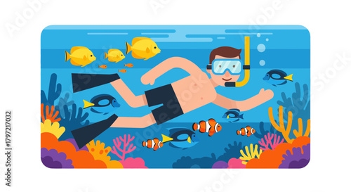 Underwater Exploration With Animated Fishes And A Snorkeler Person Enjoying The View