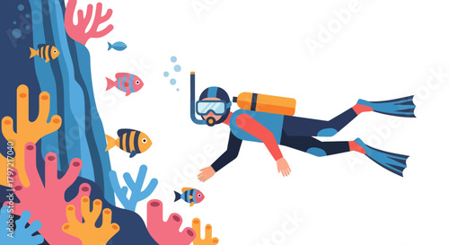 Underwater Exploration With A Scuba Diver Beside Colorful Coral And Exotic Fishes