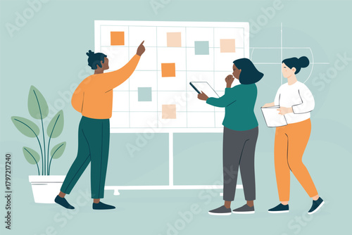 Diverse team collaborates enthusiastically over a vibrant marketing graph, strategizing with colorful sticky notes, fostering innovation and productive teamwork.