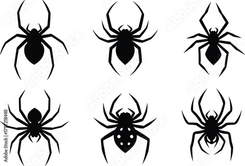 Black spider silhouette set, detailed arachnid vector collection for Halloween decoration, horror design, creepy insect art and web illustration