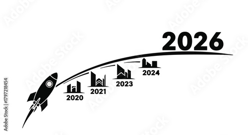 Happy new year 2026: vector illustration, rocket launching into the future silhouette