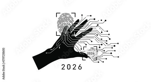 2026 new year technology concept: futuristic fingerprint and circuit design silhouette