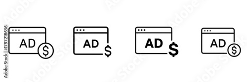 Monochrome Ad Block Icon Set with Dollar Sign Overlay - Digital Marketing and Monetization Vector Image