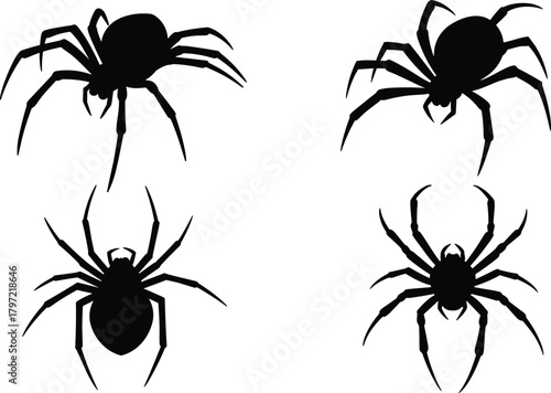 Spider silhouette collection with detailed legs and body, creepy insect vector illustration for Halloween, web design, and nature art