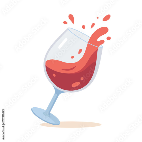 Tilted wine glass with red wine splashing out. Modern flat style, clean design, isolated on white background. Perfect for food, drink, party, and celebration themes. Vector illustration.