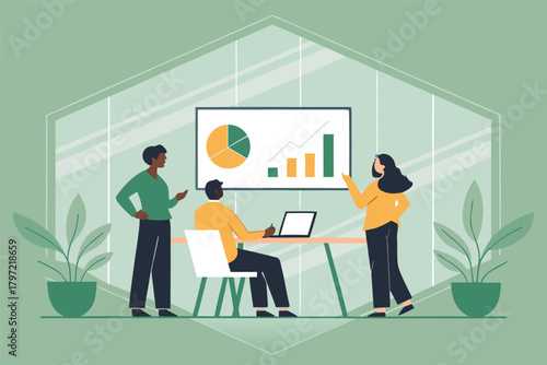 Diverse professional team analyzing real-time business kpi dashboard, collaborating, data-driven strategy, meeting room.