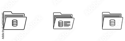 Monochrome Folder Icon Set with Database Server Symbol for Storage and Data Management Vector Image
