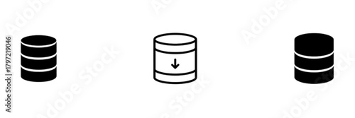 Monochrome Solid and Outline Database Icon Set with Download Arrow Symbol Vector Image