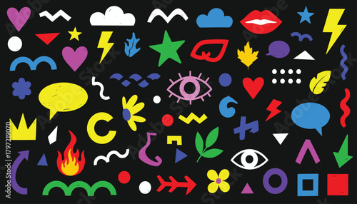 Abstract Pop Art Doodle Collection: Vibrant Shapes, Eyes, Lips, and Retro Icons. 