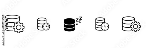 Monochrome Database Management, Time, and Sleep Mode Icon Set Vector Image