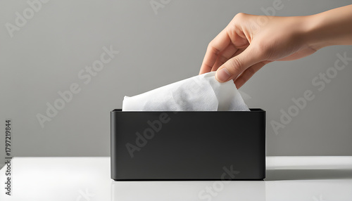 Hand takes white tissue from black box on table. Person uses paper for hygiene, comfort, health. Cleanliness object, disposable item.