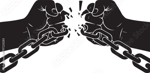 Two fists breaking chains symbolizing freedom and human rights triumph over oppression
