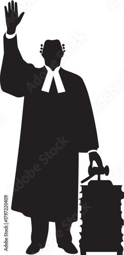 Silhouette of judge or lawyer in robes waving hand holding briefcase for human rights day