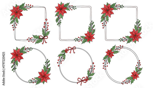 Festive Floral Wreath Collection: Holiday Borders with Holly, Berries, and Ribbon.