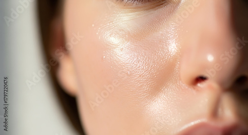 Close up on radiant, hydrated skin for skincare product ads, promoting youthful glow and natural beauty with fresh, dewy complexion and flawless texture