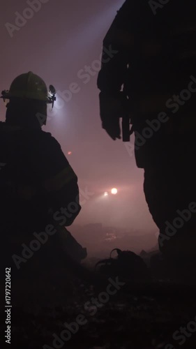 Rescue forces search for survivors inside a dark tunnel using flashlights