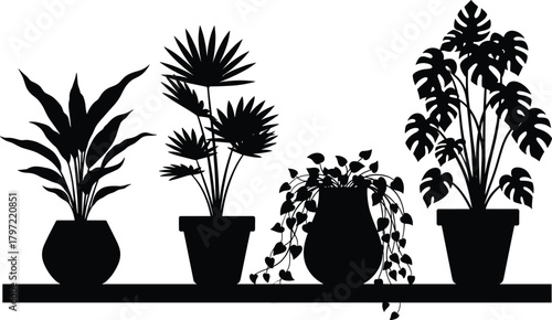 Black and white silhouette of indoor potted houseplants on shelf, minimalist botanical wall art, modern home decor vector illustration