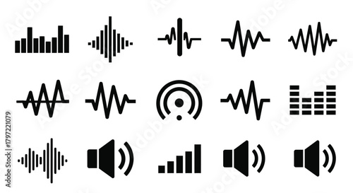 Collection of various sound wave icons and audio signal representations