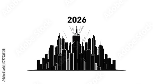 Modern cityscape silhouette with vibrant lights and the year 2026 symbolizing future progress