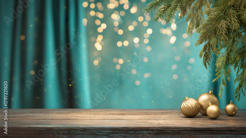Warm teal christmas background with gold ornaments on wooden table