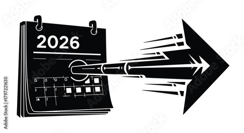 Calendar showing 2026 with a pen moving forward, symbolizing future planning and progress.