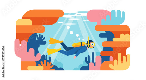 Underwater Explorer: A Bold and Colorful Illustration of Scuba Diving in the Ocean