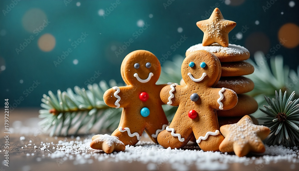 Fototapeta premium two smiling gingerbread men with colorful icing accents, standing beside a pyramid-shaped stack of gingerbread cookies, created with generative ai