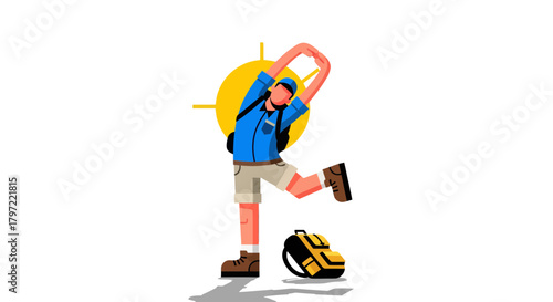 Vibrant Illustrated Traveler Stretching His Arms In Anticipation Against A Black Backdrop