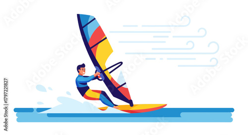 Vibrant Illustrated Windsurfer Sailing On Water Against Black Background